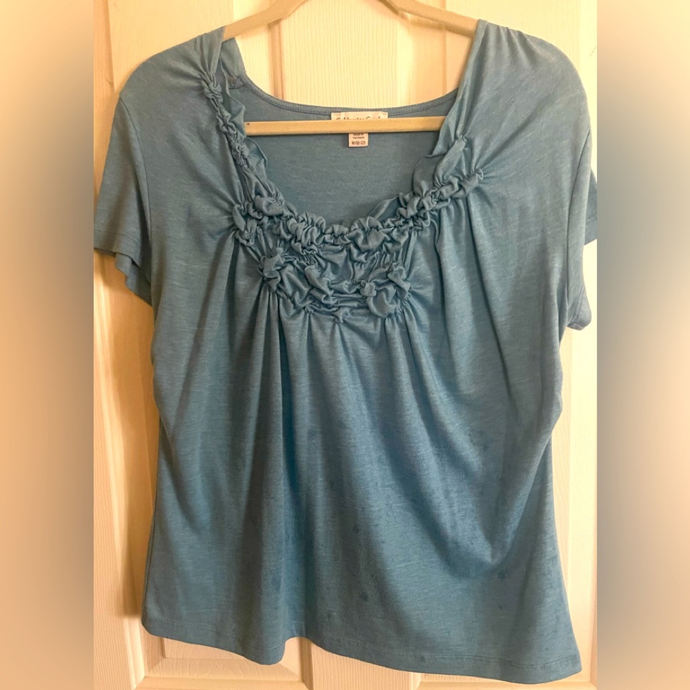 Coldwater Creek Short Sleeve Top W Ruching At Neckline Sz M Turquoise
